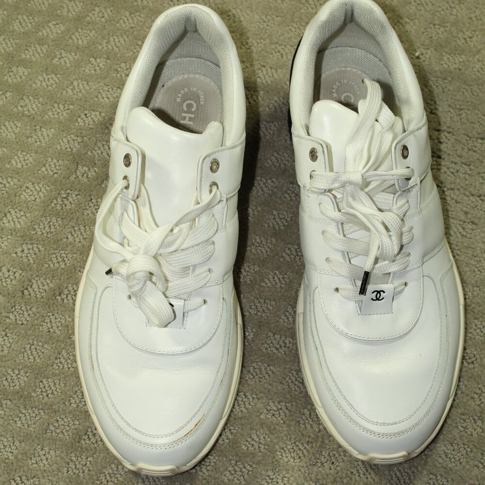 AUTHENTICATED Chanel Men's Size 12/ 45 White & Black CC Low Top Sneakers - Picture 3 of 14